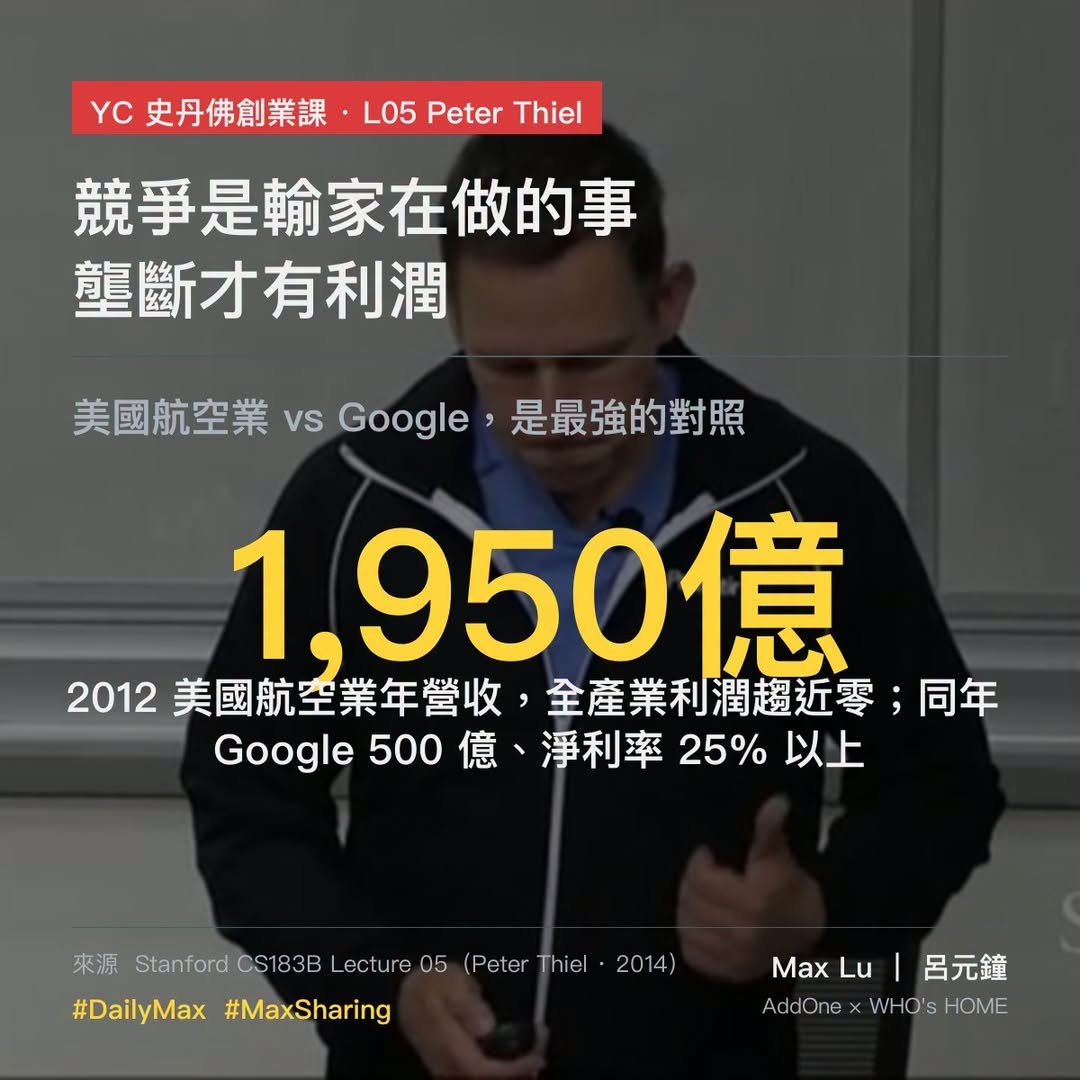 Peter Thiel 在 YC 創業課講：「競爭是輸家在做的事」——他拿美國航空業跟 Google 做對照