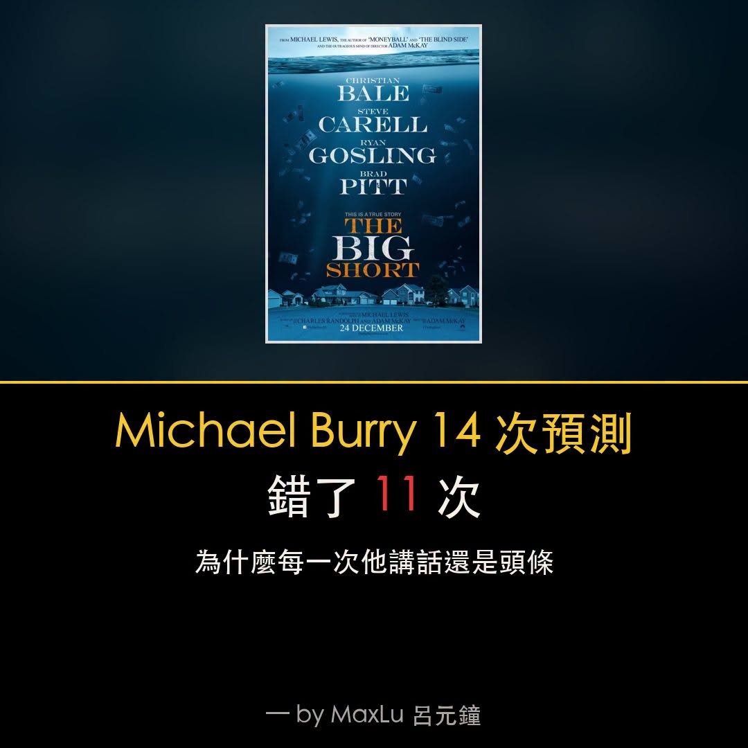 「大空頭」Michael Burry 2005 年對一次他吃到 2026 年——中間14次預測11次錯，不過每次講話都是頭條